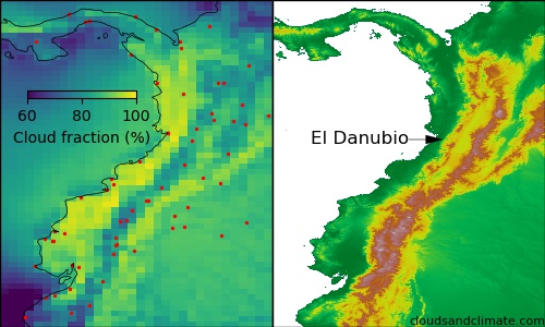 A map of cloud fraction and mountains in Colombia and Ecuador
