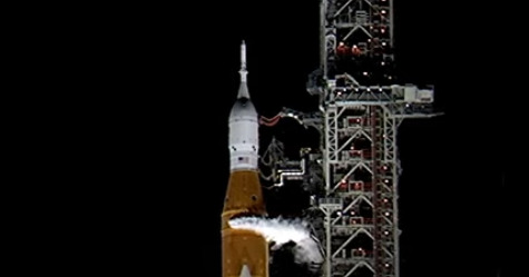 A small white cloud coming from the SLS rocket