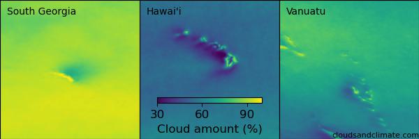 A map of cloudiness around three diffferent island groups