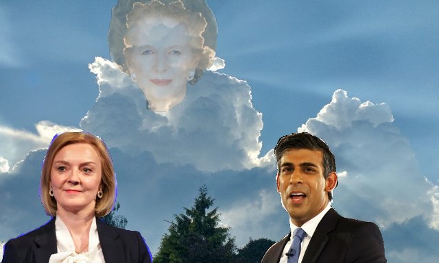 PM Thatcher as a cloud, above Truss and Sunak