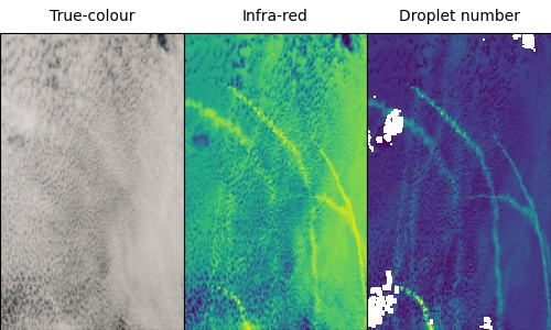 Shiptracks viewed using visible light, infra red and the calculated droplet number
