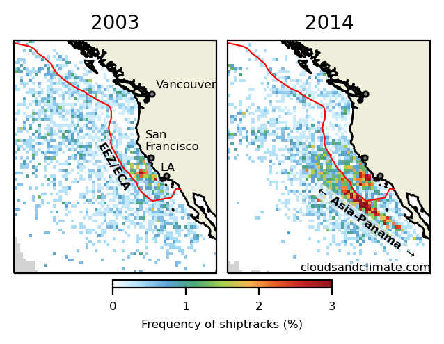 Maps of shiptracks in 2003