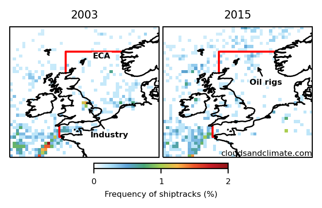 Maps of shiptracks in 2003 around the UK