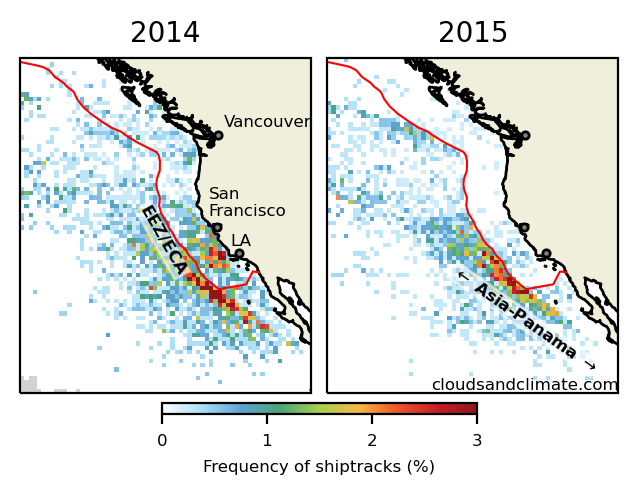 Maps of shiptracks in 2015