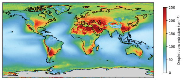 The distribution of cloud droplets around the globe