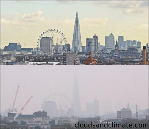 A clear day and a hazy day over London, viewed from Imperial College