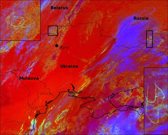 A false-colour image of contrails forming over Russia and Belarus during the invasion of Ukraine.