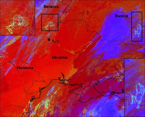 A false-colour image of contrails forming over Russia and Belarus during the invasion of Ukraine.