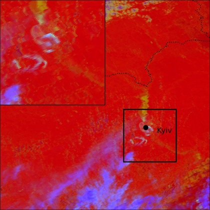 A false-colour image of contrails south of Kyiv formed by a dogfight