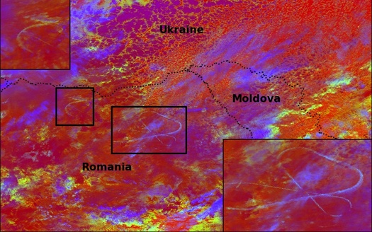 A false-colour image of contrails in northern Romania