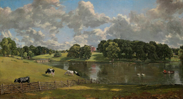 Painting of cows in the field of a country estate by John Constable