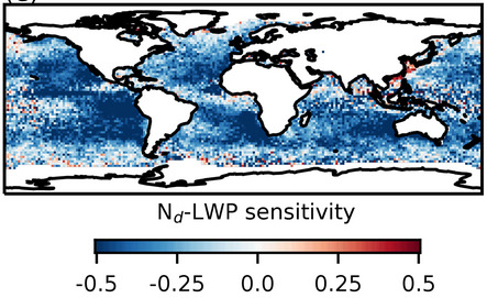 A map showing LWP decreases in polluted clouds globally