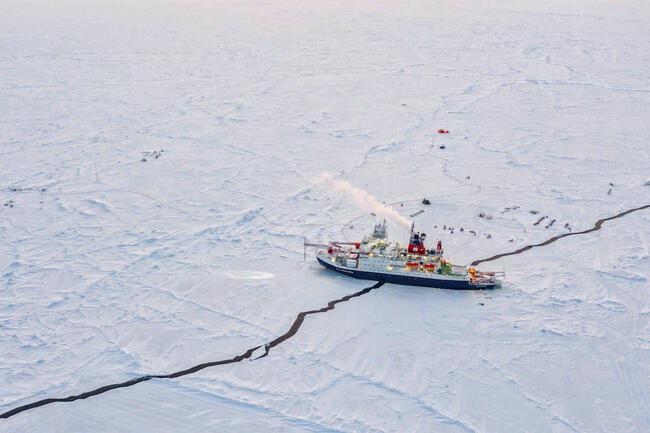 A ship surrounded by ice