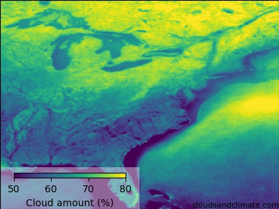 A map of average cloudiness over The eastern USA and Canada