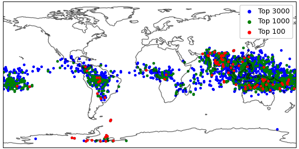 Map of the Earth with colours dots, mostly around the Equator but some near Antarctica.